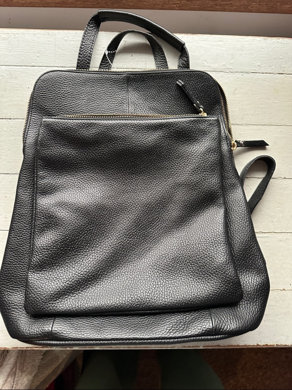 Pebbled Black Leather Backpack with Front Zip Pocket - L.Credi